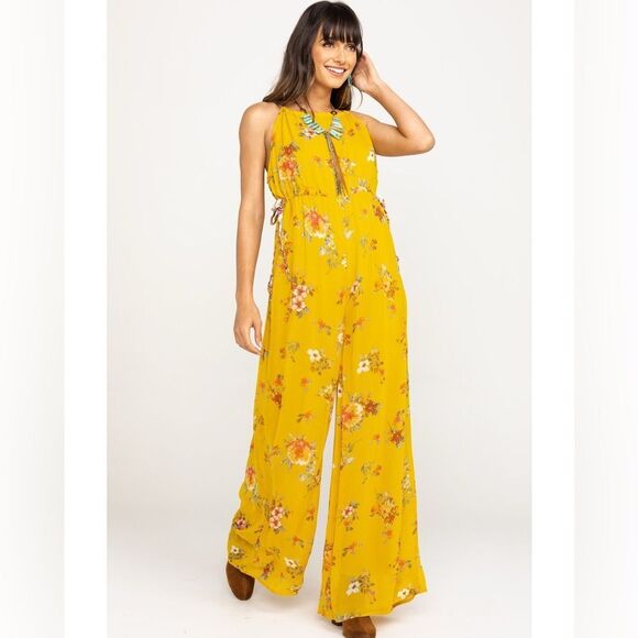 Free People Georgia Floral Chiffon Sleeveless Wide Leg Jumpsuit Gold Combo Sz S - Picture 3 of 15
